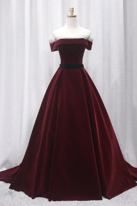 Burgundy Velvet Long Prom Gown Formal Dress
