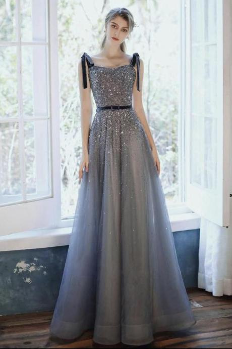 Gray tulle beaded long prom gown formal dress