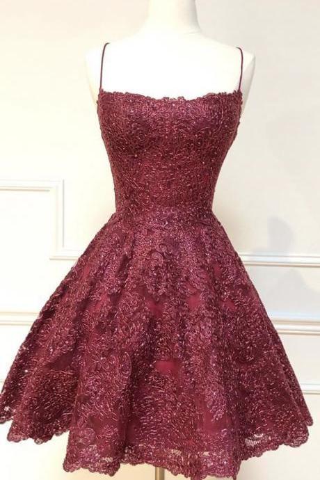 Burgundy lace short A line prom dress party dress lace evening dress