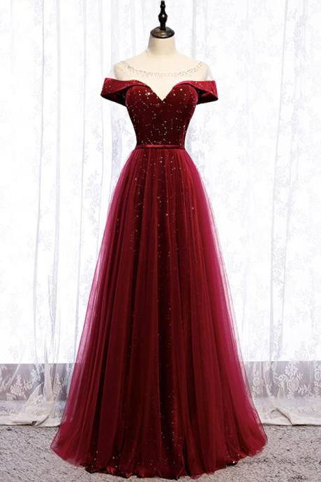 Burgundy velvet tulle long prom dress evening dress