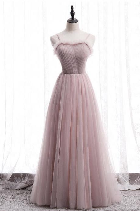 Pink Tulle Long A Line Prom Dress Simple Evening Dress