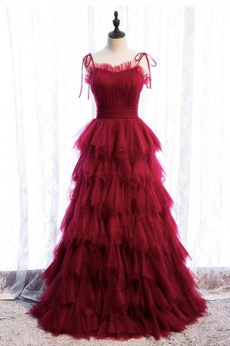 Burgundy Tulle Long Prom Gown Formal Dress