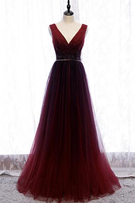 Burgundy V Neck Gradient Color Prom Dress Simple Evening Dress
