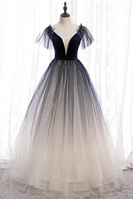 Blue v neck tulle long prom gown formal dress