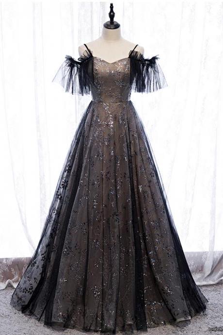 Black Tulle Sequins Long Prom Dress Evening Dress