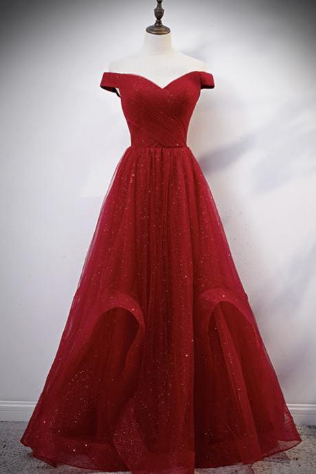 Burgundy Tulle Off Shoulder Long Prom Dress Evening Dress