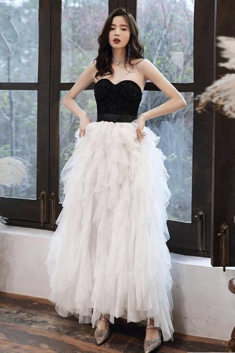 Black And Withe Tulle Long Prom Dress Sweetheart Neck Evening Dress