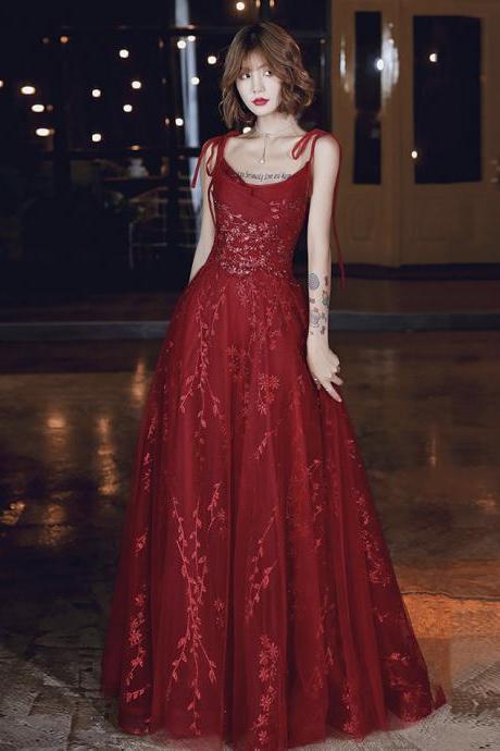 Burgundy Tulle Lace Long Prom Dress Evening Dress