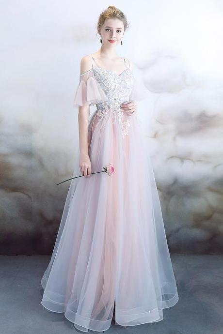 Pink Tulle Lace Long Prom Dress Lace Evening Dress