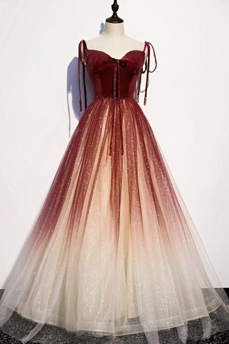 Burgundy Ombre Tulle Long Velvet Ball Gown Dress Evening Dress