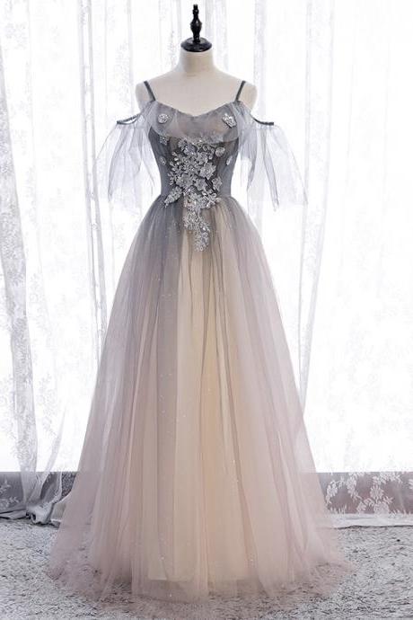 Gray A Line Tulle Appliqué Long Prom Dress Evening Dress