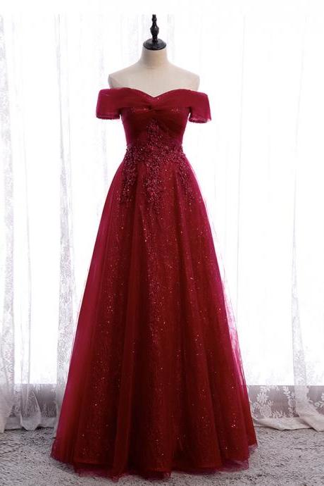 High Quality Burgundy Lace Long Prom Gown Formal Dress