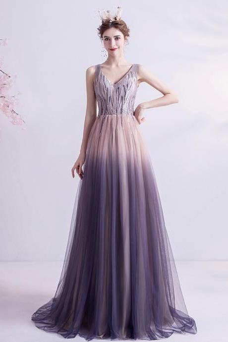 Elegant v neck tulle long prom dress evening dress