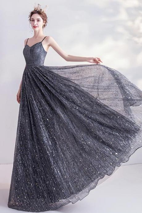Shiny Black Tulle Sequins Prom Dress Evening Dress