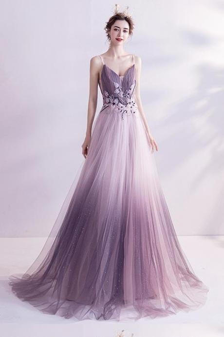Purple v neck tulle long ball gown dress formal dress