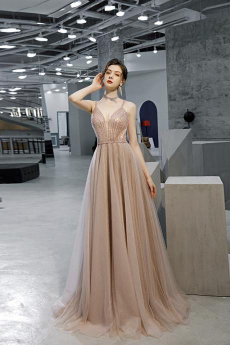 Shiny V Neck Tulle Beads Prom Dress A Line Evening Dress