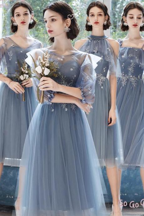 Bridesmaid Dress Blue Tulle Lace Short Prom Dress