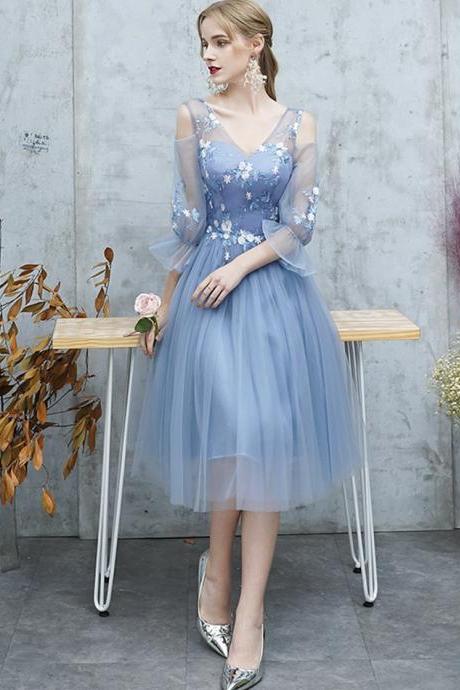 Bridesmaid Dress Blue Tulle Lace Short A Line Prom Dress