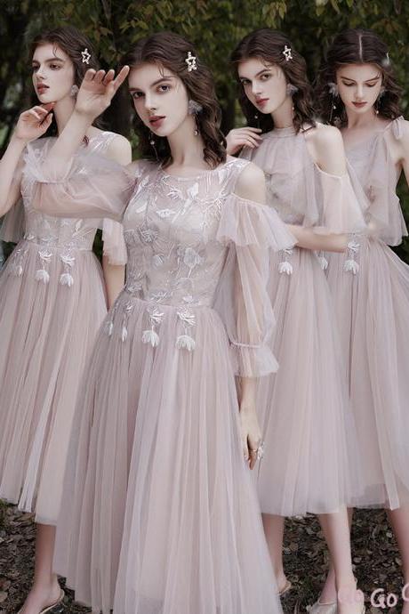Bridesmaid Dress Pink Tulle Lace Short A Line Prom Dress