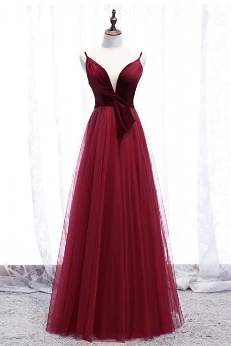 Burgundy Velvet Tulle Prom Dress A Line V Neck Evening Dress