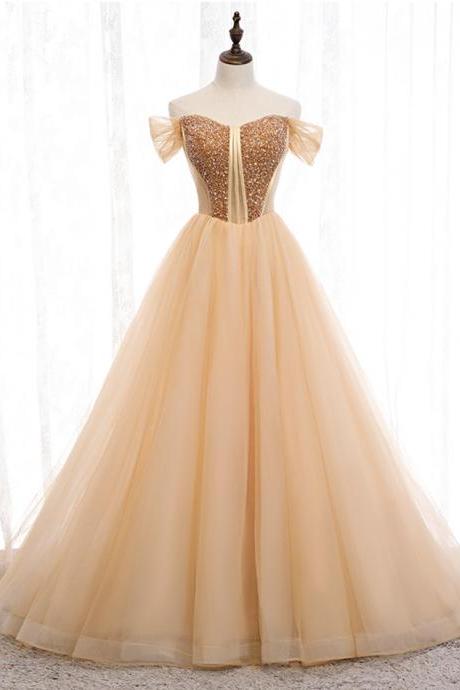 Gold Tulle Beads Long Ball Gown Dress Formal Dress