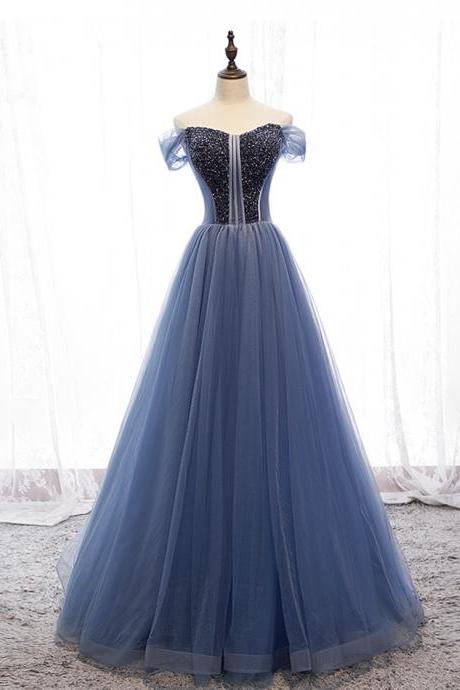 Blue Tulle Beads Long Ball Gown Dress Formal Dress