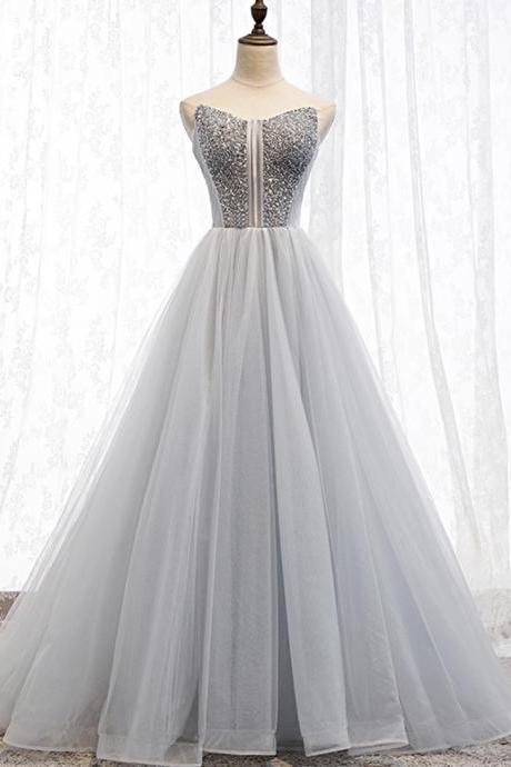 Gray Tulle Beads Long A Line Prom Dress Formal Dress