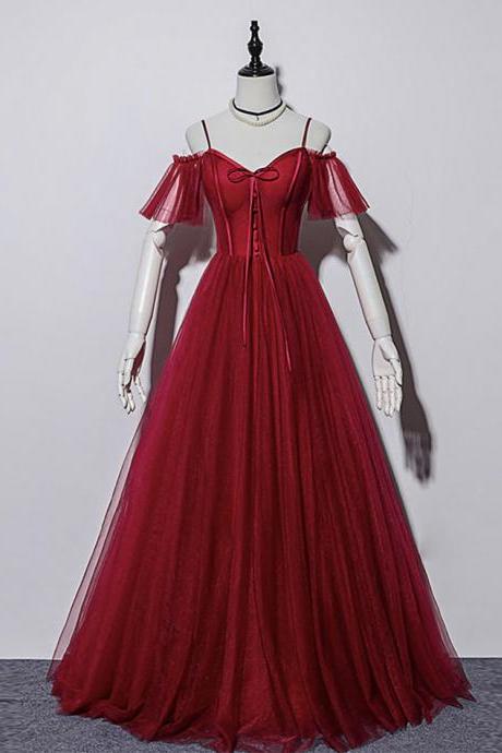 Elegant Tulle Long Prom Dress Burgundy Evening Dress