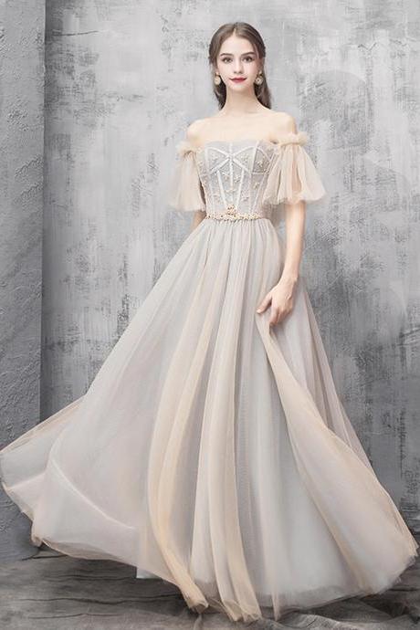 Champagne Tulle Beads Long Prom Dress Evening Dress