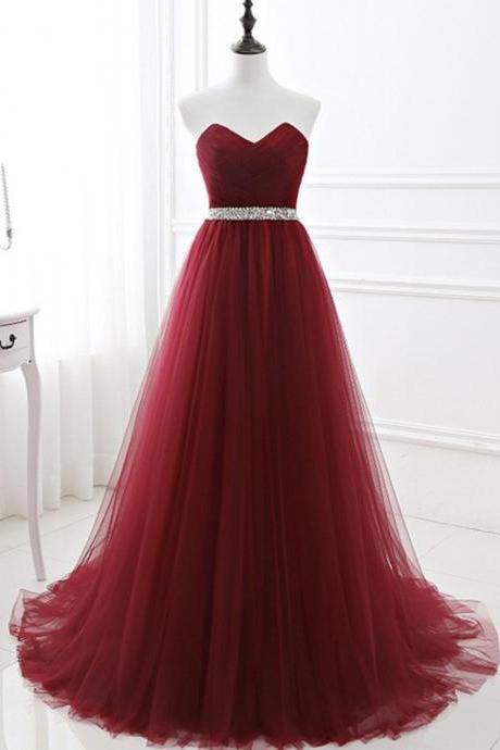 Burgundy Tulle Long Prom Dress Evening Dress