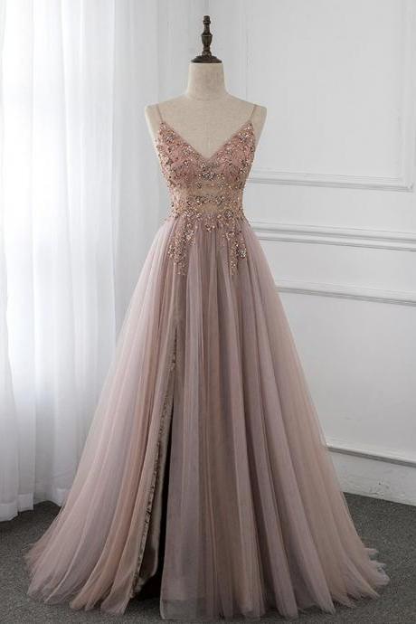 Sweet Dusky Pink Crystal Prom Dresses Long Straps Spaghetti