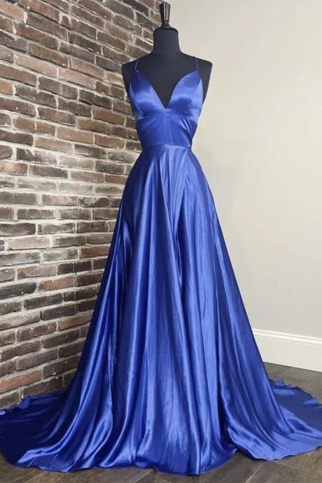Blue satin long prom dress A line v neck evening dress