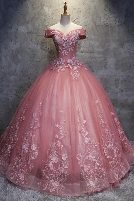 Pink Lace Appliqué Long Ball Gown Dress Sweet 16 Dress