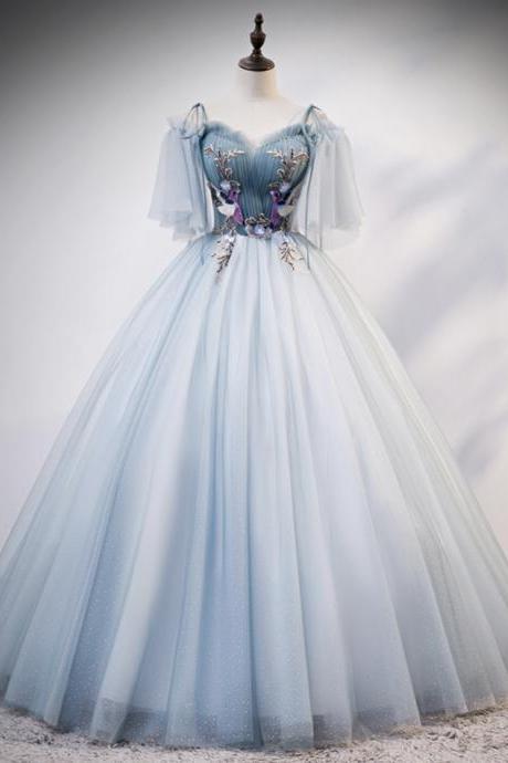 Blue Tulle Long Ball Gown Dress Sweetheart Neck Evening Dress