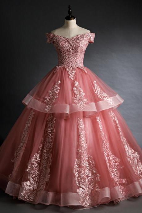 Pink Lace Long Ball Gown Dress Off Shoulder Evening Dress