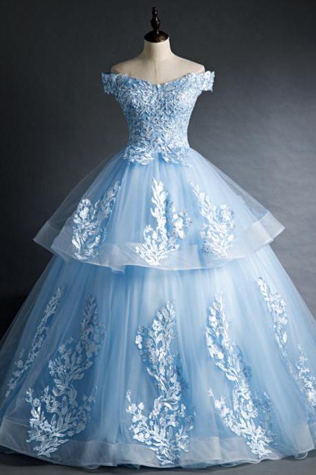 Blue Lace Long Ball Gown Dress Off Shoulder Evening Dress
