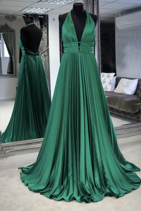 Green Satin Long Prom Dress Simple Evening Dress