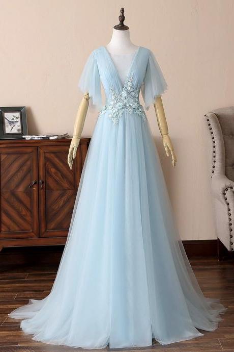 Blue V Neck Long Prom Dress A Line Evening Dress