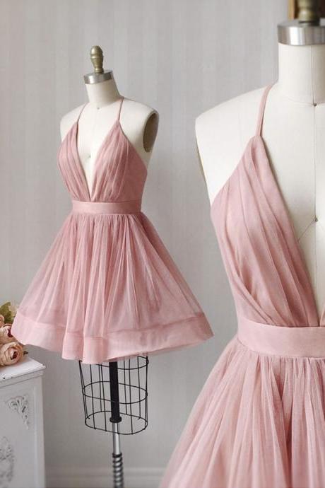 Pink V Neck Tulle Short Prom Dress Party Dress