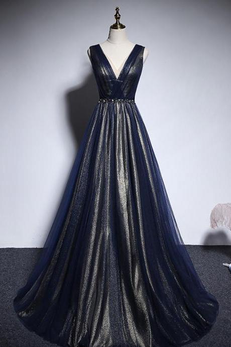 Elegant V Neck Tulle Long Prom Dress Blue Evening Dress