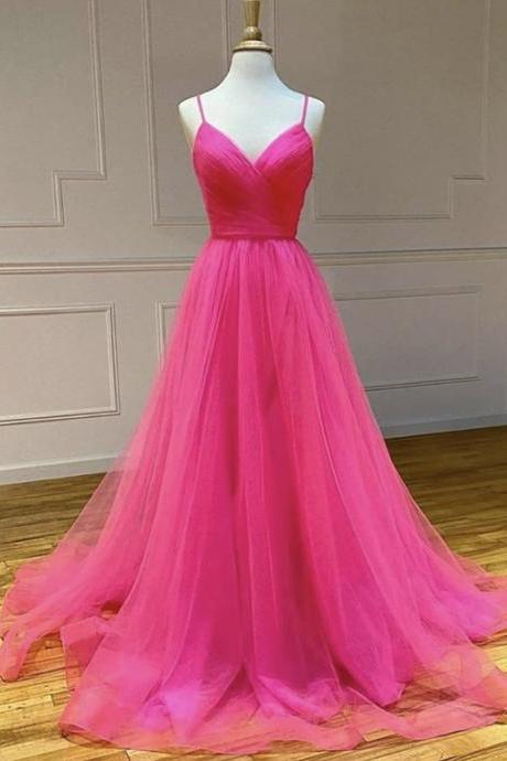 Pink Tulle Long Prom Dress Simple Evening Dress