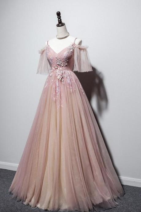 Pink V Neck Tulle Long Prom Dress Pink Evening Dress