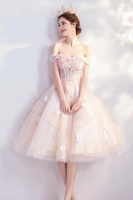 Pink tulle lace short prom dress homecoming dress