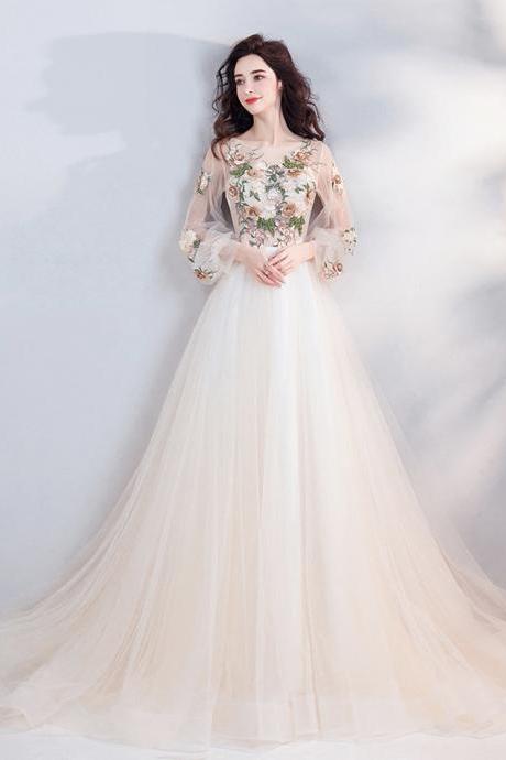 Light Champagne Tulle Lace Long Prom Dress Evening Dress