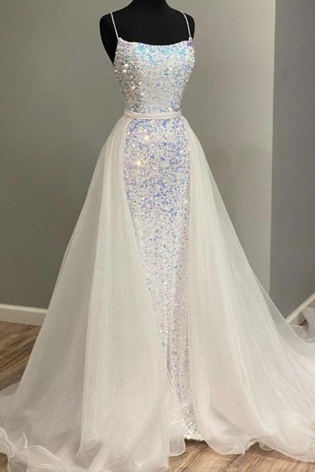 White Sequins Tulle Long Prom Dress Evening Dress
