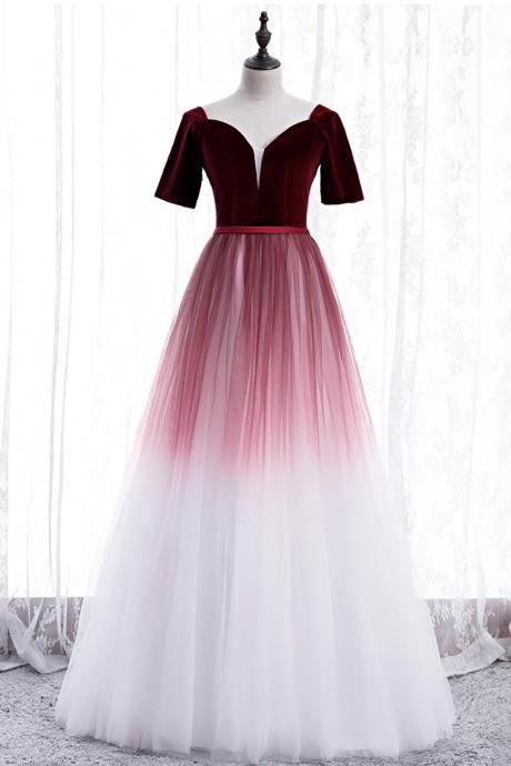 Burgundy Velvet Tulle Long Prom Dress Evening Dress