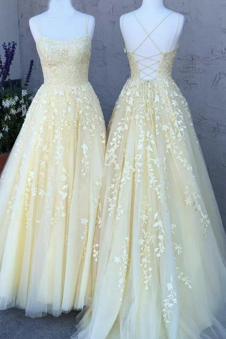 Yellow Tulle Lace Long Prom Dress Yellow Evening Dress