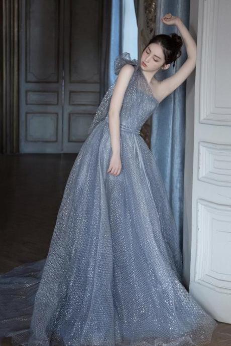 Blue Tulle Sequins Long Prom Dress One Shoulder Evening Dress