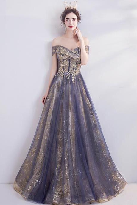 Purple tulle lace long prom dress evening dress