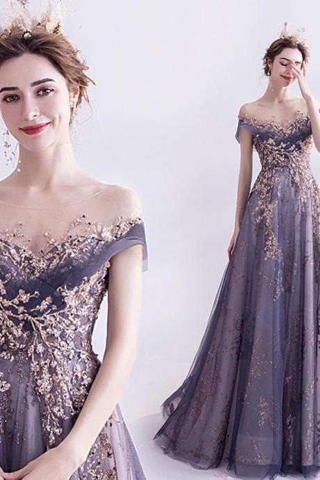 Purple tulle sequins long prom dress evening dress